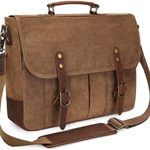Mens Messenger Bag 15.6 Inch Waterproof Vintage Genuine Leather Waxed Canvas Briefcase Retro Office Computer Laptop Bag Large School Satchel Shoulder Bag for Men Women, Brown
